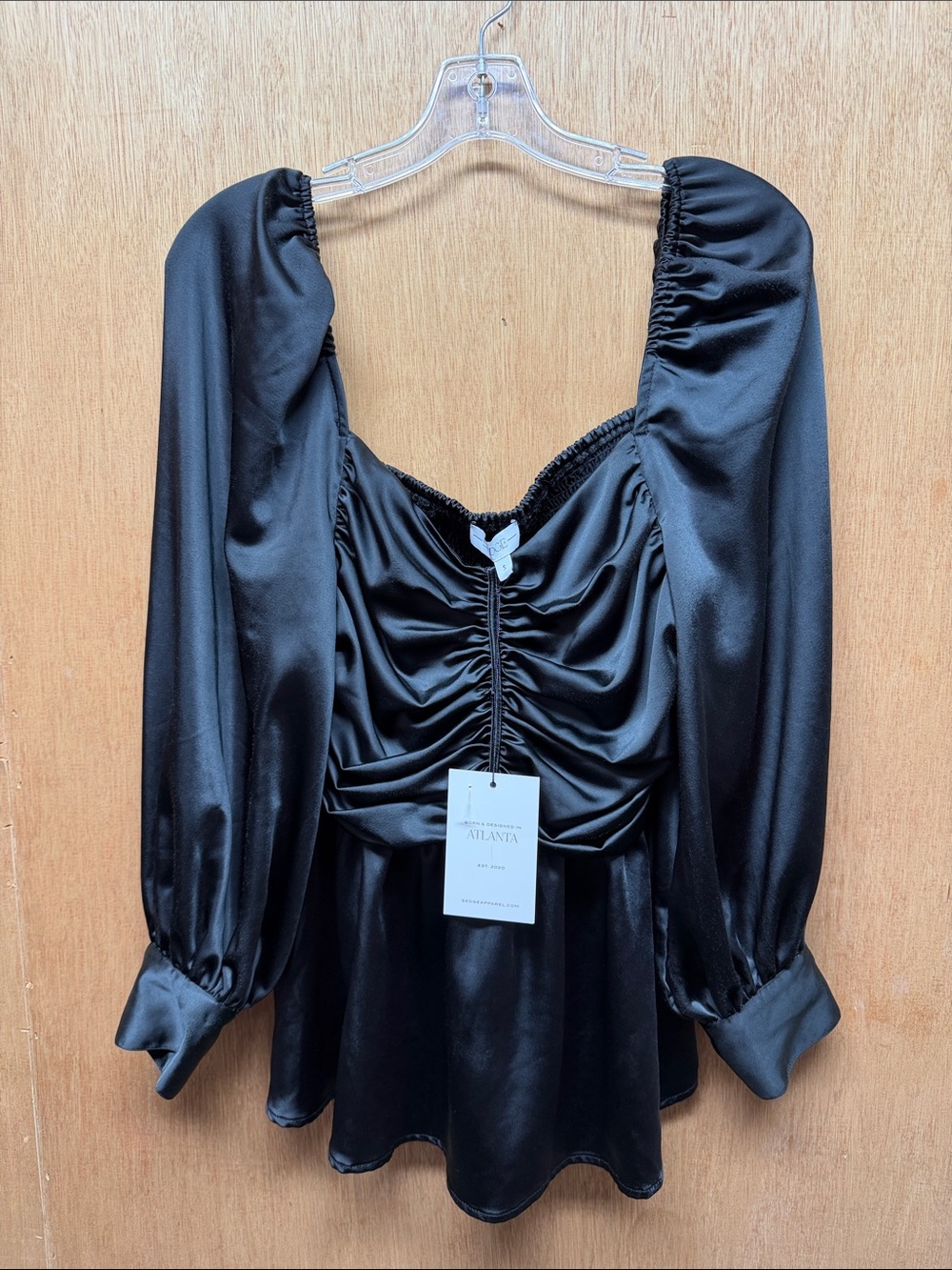 Black Satin Ruched Peplum Blouse with Puff Sleeves